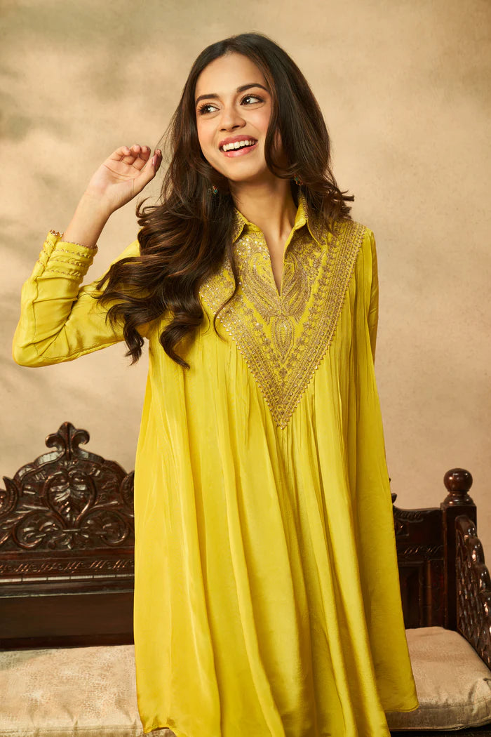 Neon Yellow Pure Crepe Embroidered Co-ord Set