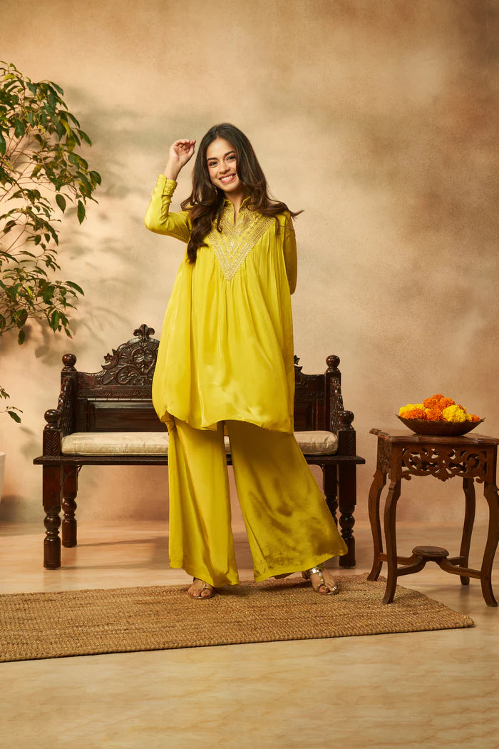 Neon Yellow Pure Crepe Embroidered Co-ord Set