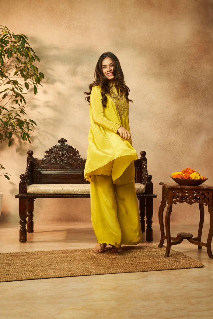 Neon Yellow Pure Crepe Embroidered Co-ord Set