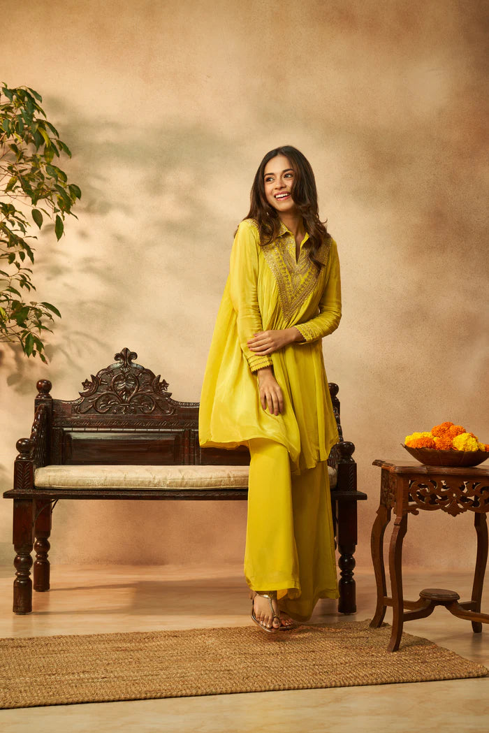Neon Yellow Pure Crepe Embroidered Co-ord Set