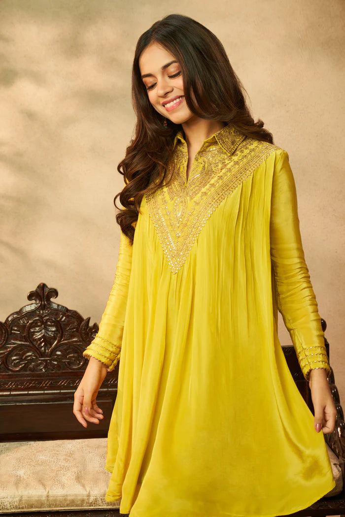 Neon Yellow Pure Crepe Embroidered Co-ord Set